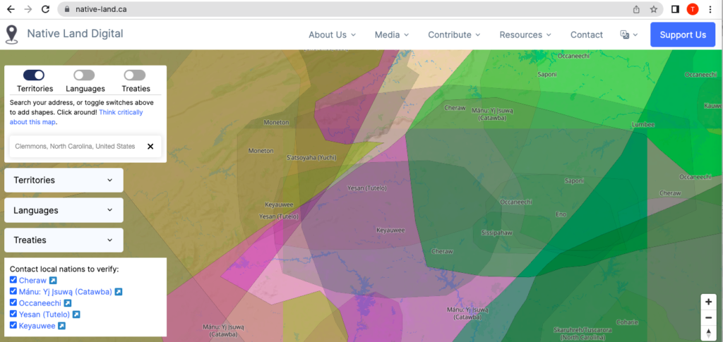 You can learn more about indigenous territories by visiting https://native-land.ca/. This map is centered on present day Clemmons, NC.